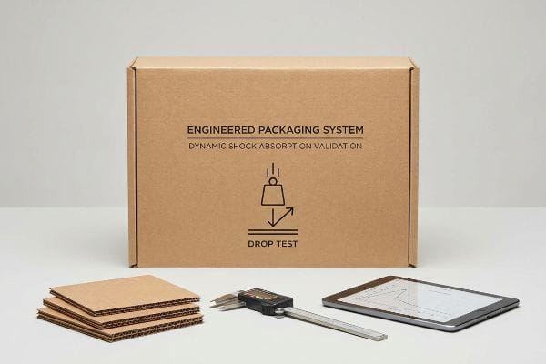 Packaging System Drop Test Corrugated box labeled 'Engineered Packaging System' for Dynamic Shock Absorption Validation, with a digital caliper and tablet, demonstrating a drop test.