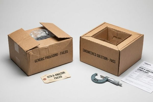Two corrugated boxes: 'Generic Packaging - Failed' with 'Ista 6-Amazon: Failed' tag, contrasted with 'Engineered Solution - Pass' and a compliance document.