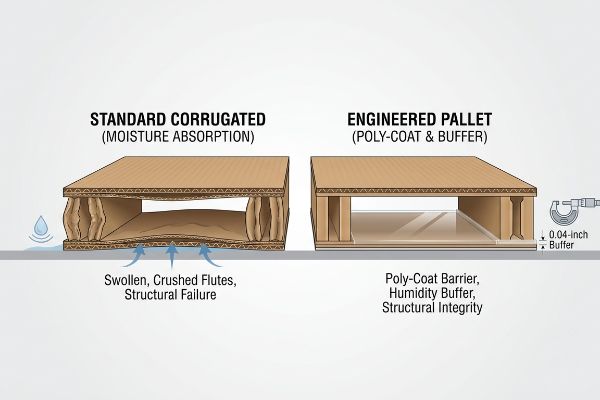 Un diagramme comparant l'absorption d'humidité standard des cartons ondulés, qui entraîne une défaillance structurelle, avec celle d'une palette à revêtement polyéthylène technique dotée d'une zone tampon d'humidité de 0,04 pouce pour une intégrité structurelle optimale.