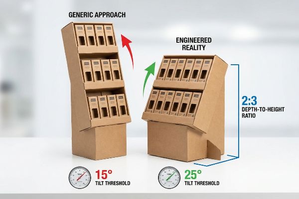Brown cardboard POS displays: Generic Approach (15° Tilt Threshold) vs. Engineered Reality (25° Tilt Threshold, 2:3 Depth-to-Height Ratio).