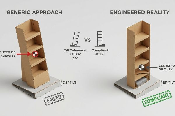 Cardboard display units compare Generic Approach failing at 7.5° tilt to Engineered Reality compliant at 15° with lowered Center Of Gravity.