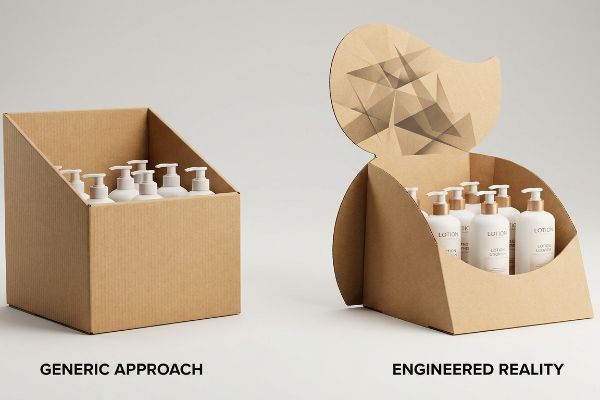 Brown corrugated cardboard displays contrast a Generic Approach square bin with an Engineered Reality unit featuring a die-cut header and swoop-cut Lution lotion bottles.