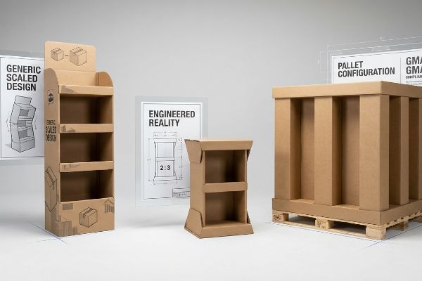 Corrugated cardboard displays illustrate Generic Scaled Design, Engineered Reality with a 2:3 ratio, and Pallet Configuration.