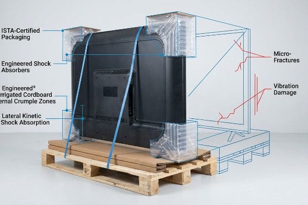 ISTA-Certified Packaging, Engineered Shock Absorbers, and Corrugated Crumple Zones protect a TV from Micro-Fractures and Vibration Damage.