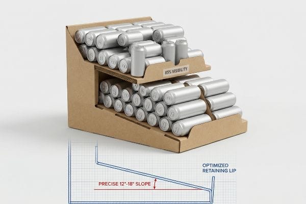 Brown corrugated cardboard gravity-feed beverage dispenser filled with silver cans, featuring 85% Visibility and a diagram detailing Precise 12-18 Degree Slope and Optimized Retaining Lip.