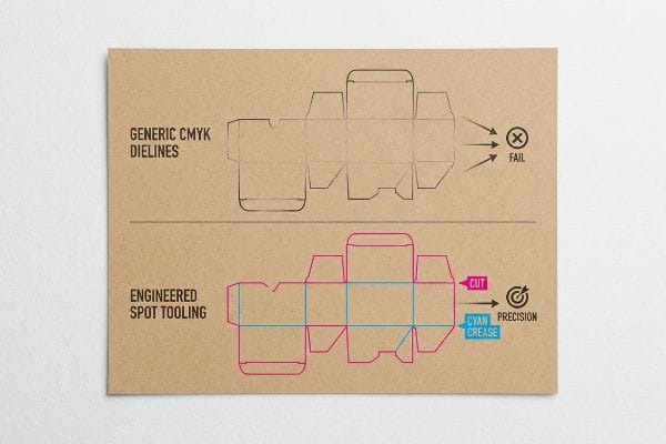 Dieline comparison: Generic CMYK Dielines cause Fail; Engineered Spot Tooling with Magenta Cut and Cyan Crease ensures Precision.