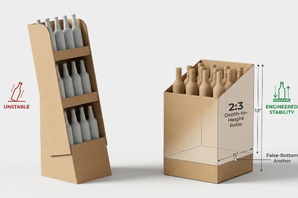 Corrugated cardboard POS displays: 'Unstable' tall unit vs. 'Engineered Stability' with '2:3 Depth-to-Height Ratio' and 'False-Bottom Anchor'.