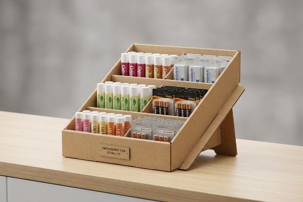 Tiered cardboard point of sale display with lip balms, Duracell batteries, and "Svenich" products, "Engineered For Stability" plaque.