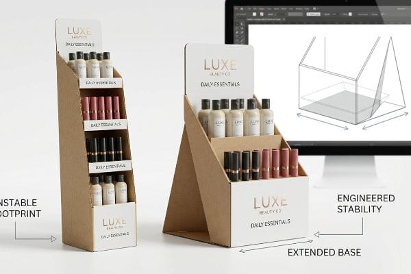 Luxe Beauty Co. Daily Essentials cardboard POS displays, contrasting Unstable Footprint with Engineered Stability and Extended Base.