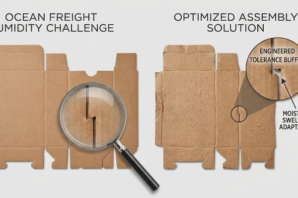 Corrugated cardboard: Ocean Freight Humidity Challenge (tight slot) vs. Optimized Assembly Solution (Engineered Tolerance Buffer, Moisture Swell Adapt).
