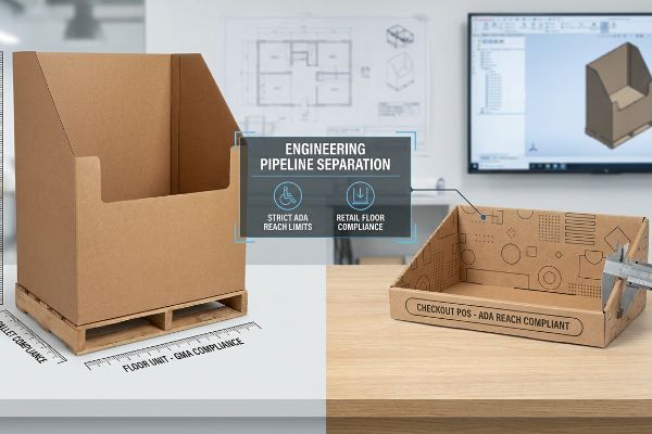 Corrugated displays demonstrate Engineering Pipeline Separation for GMA floor units and ADA Checkout POS compliance.
