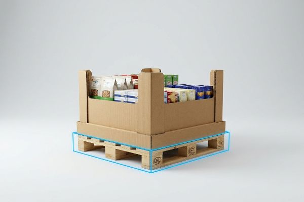 Corrugated cardboard retail display unit with packaged goods, on a light wooden EPAL pallet, blue outline emphasizing zero-overhang.