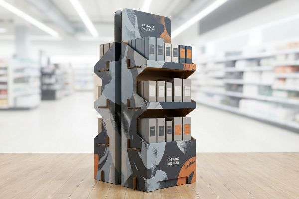 A modern custom floor display by Erbend Design, featuring abstract grey and orange graphics, showcases rows of Premium Package product boxes in a retail aisle.