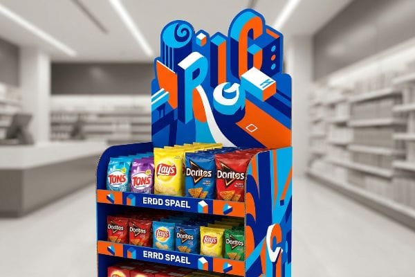 Blue and orange 3D die-cut POP display showcasing Lay's, Doritos, and Tons chips with 'Erdd Spael' text in a retail aisle.