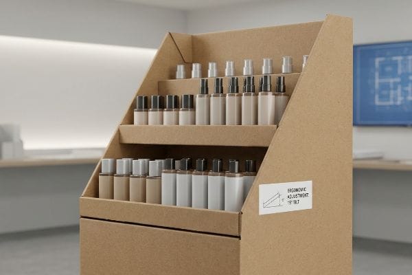 Corrugated paperboard POP display with multi-tiered shelves of small bottles, highlighting an 'Ergonomic Adjustment 15° Tilt' label.