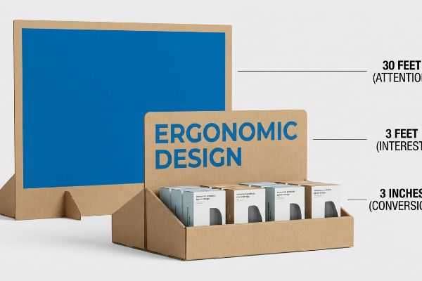 Brown corrugated cardboard display with 'Ergonomic Design' text, holding product boxes, illustrating the 3-3-3 rule for retail engagement.