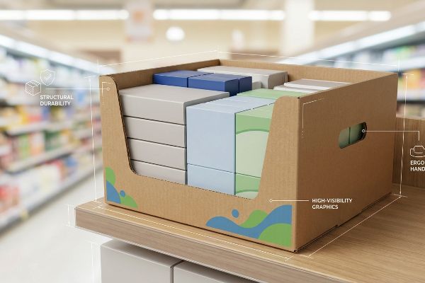 A supermarket aisle features a corrugated shelf-ready packaging box highlighting Structural Durability, Ergonomic Handling, and High-Visibility Graphics.