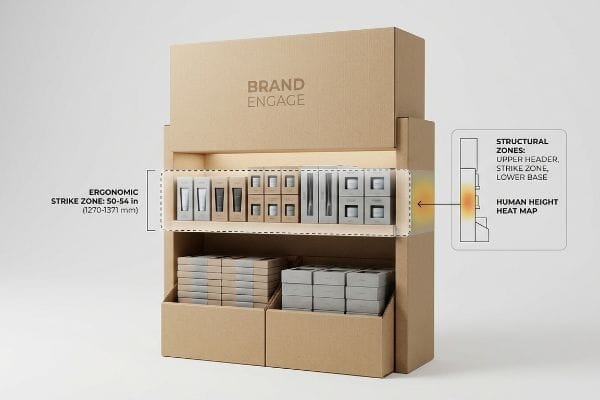 Natural kraft cardboard end cap display featuring Brand Engage, highlighting the Ergonomic Strike Zone (50-54 inches) with a Human Height Heat Map.