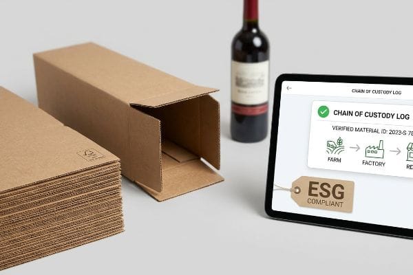 Envases de vino que cumplen con los requisitos ESG Envase de cartón ondulado para vino y una tableta que muestra el "Registro de la cadena de custodia" con una etiqueta que indica "Cumple con los estándares ESG", junto a una botella de vino.