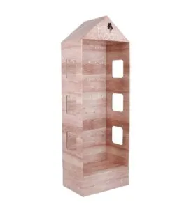 Exhibidor de cartón con forma de casa de madera
