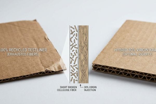 100% Recycled Testliner (Exhausted Fibers) vs. Hybrid 30% Virgin Kraft (Optimal Rigidity), showing fiber structure.