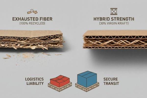Exhausted Fiber (100% Recycled) corrugated cardboard shows flute collapse and Logistics Liability; Hybrid Strength (30% Virgin Kraft) ensures Secure Transit.