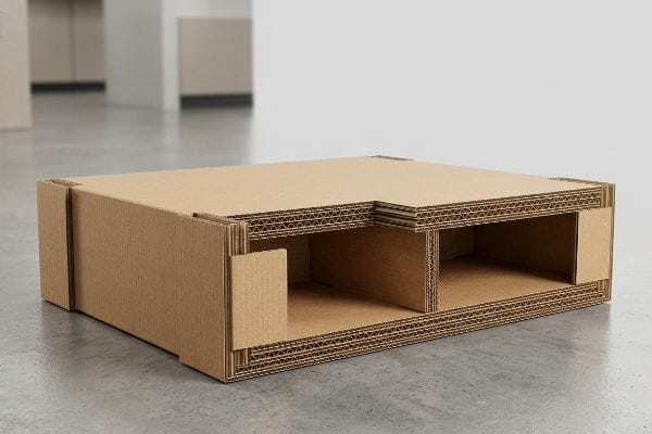 Multi-layered corrugated cardboard display base with exposed flutes, designed for modular POP-up retail setups, featuring two open compartments.