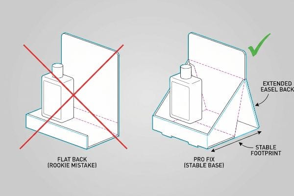 Diagram shows Flat Back (Rookie Mistake) CDU vs. Pro Fix (Stable Base) with Extended Easel Back and Stable Footprint.