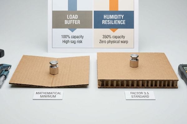 Sagged 'Mathematical Minimum' corrugated cardboard (100% capacity, high sag risk) next to stable 'Factor 3.5 Standard' (350% capacity, zero physical warp), comparing load buffer and humidity resilience.