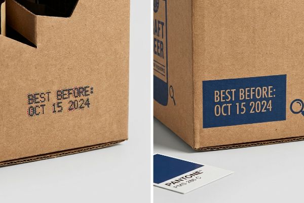 Faded black 'Best Before: Oct 15 2024' date code printed directly on porous brown corrugated cardboard, illustrating poor legibility due to CMYK dot gain.