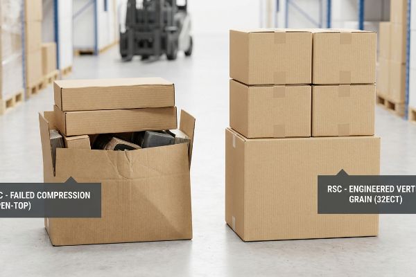 Brown corrugated boxes, showing a failed HSC Open-Top with items spilling, contrasted by a stable RSC Engineered Vert Grain 32ECT stack.