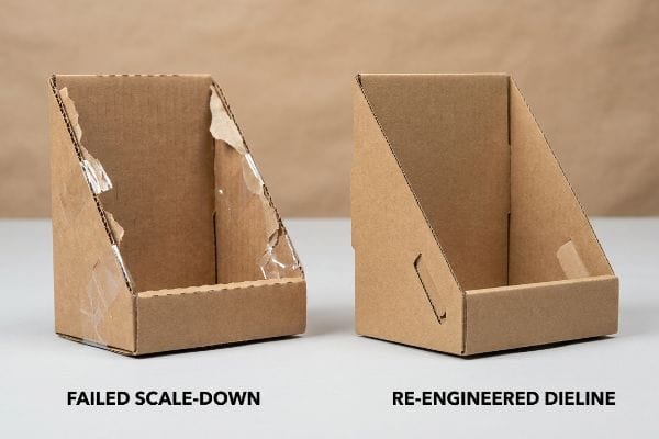 Dieline Scale-Down Comparison Brown corrugated cardboard countertop displays contrasting a Failed Scale-Down unit with torn edges and tape, against a clean Re-Engineered Dieline.