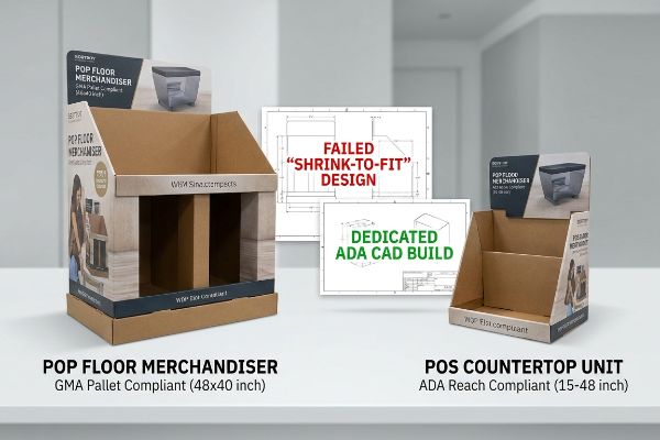 Corrugated POP Floor Merchandiser (GMA 48x40 inch) and POS Countertop Unit (ADA 15-48 inch) with CADs for 