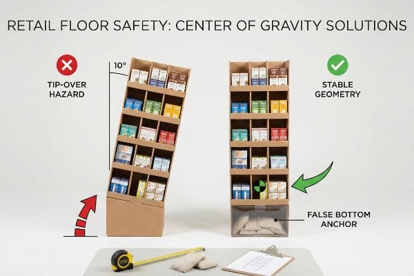 Cardboard retail floor displays demonstrate 'Retail Floor Safety: Center of Gravity Solutions'. One shows a 10-degree 'Tip-Over Hazard', while the other, with a 'False Bottom Anchor', achieves 'Stable Geometry'.