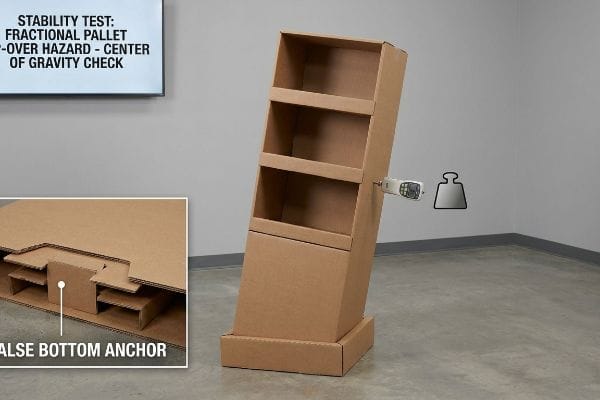 Display Stability Test Corrugated cardboard floor display tilted for 'Stability Test: Fractional Pallet Tip-Over Hazard', showing 'False Bottom Anchor' base inset.