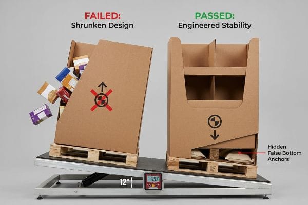 12-degree tilt test: Failed Shrunken Design tipping; stable Passed Engineered Stability with Hidden False Bottom Anchors.