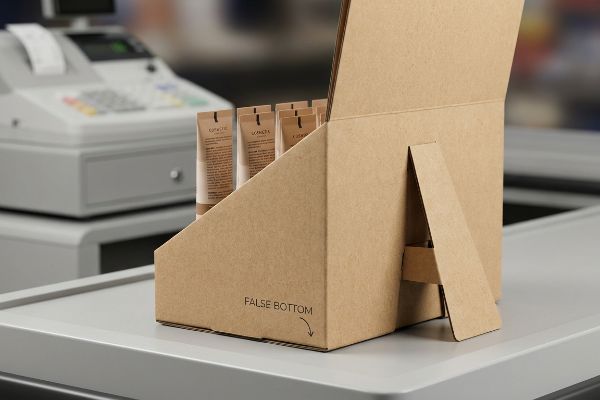 Brown corrugated counter display box with an extended easel back and 