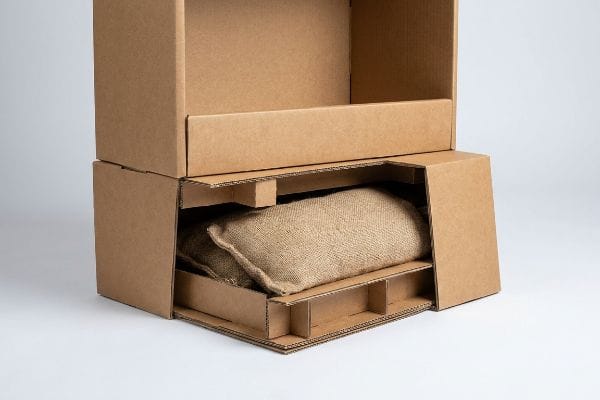 Afficher le faux fond du sac de sable Présentoir en carton ondulé brun doté d'un faux fond lesté d'un sac de sable en toile de jute pour l'ancrage du poids, évitant ainsi les risques de basculement.