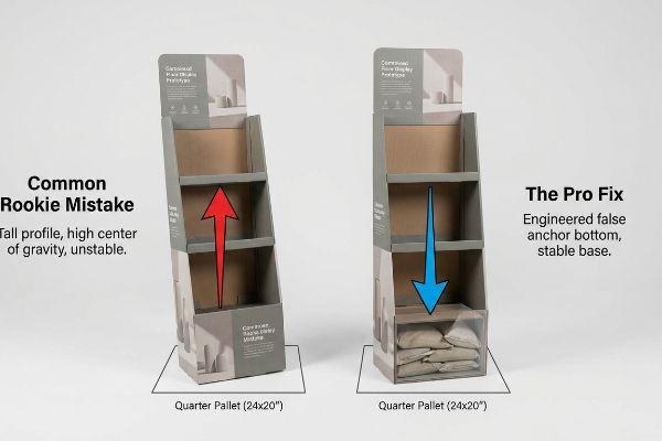 Two corrugated floor display prototypes illustrate stability. The unstable 