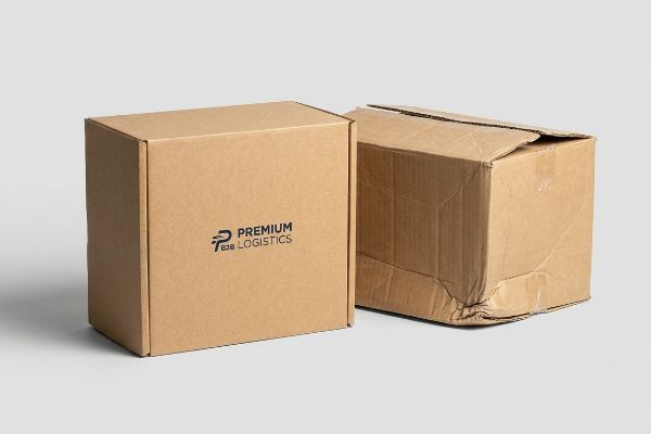 New Premium B2B Logistics corrugated box next to a damaged, crumpled cardboard shipper, showing structural fatigue.