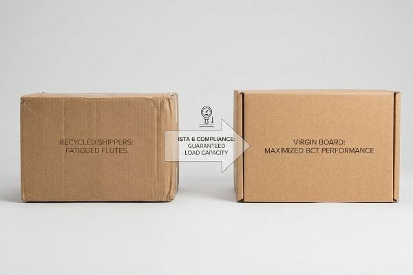 Comparison of 'Recycled Shippers: Fatigued Flutes' and 'Virgin Board: Maximized BCT Performance' for ISTA 6 Compliance.