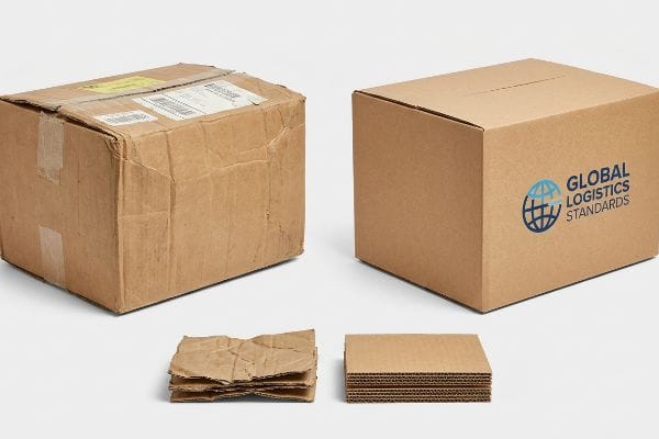Damaged, reused shipping box next to a new Global Logistics Standards carton, contrasting fatigued and fresh corrugated flutes.