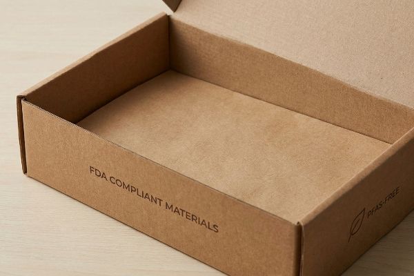 Natural kraft cardboard box, open and empty, featuring 'FDA Compliant Materials' and 'PFAS-Free' text for safe food packaging.