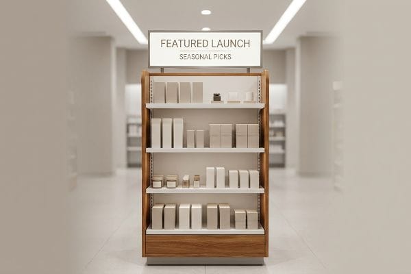 A modern wooden and white endcap display highlights "Featured Launch" and "Seasonal Picks" with beige product boxes and jars.