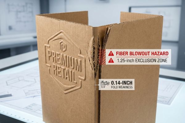 Corrugated box with 'Premium Retail' emboss, showing 'Fiber Blowout Hazard', '1.25-inch Exclusion Zone', and '0.14-inch Fold Weakness'.