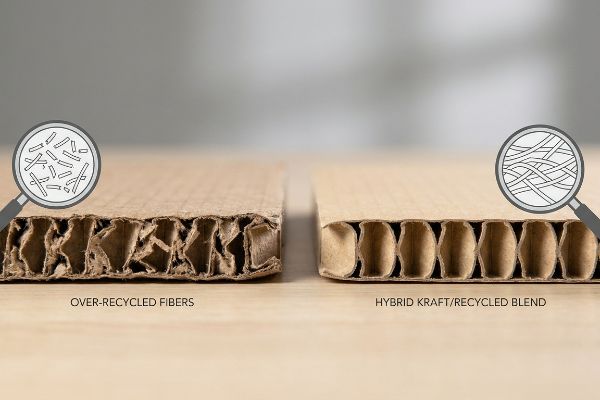 Corrugated cardboard cross-sections: Over-Recycled Fibers with short fibers and Hybrid Kraft/Recycled Blend with long, strong fibers.