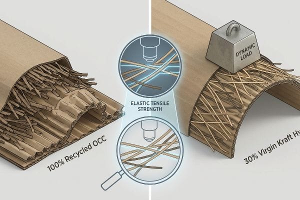 Fiber comparison: 100% Recycled OCC cardboard vs. 30% Virgin Kraft Hybrid, highlighting Elastic Tensile Strength under Dynamic Load.