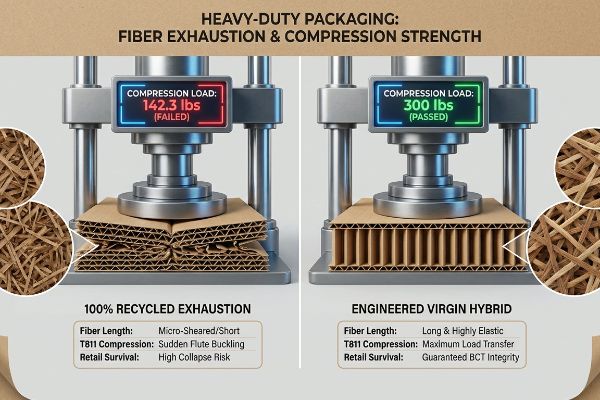 Recycled Exhaustion corrugated fails 142.3 lbs, Engineered Virgin Hybrid passes 300 lbs T811 Compression.