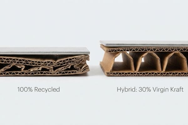 Crushed 100% Recycled corrugated board next to a structured Hybrid: 30% Virgin Kraft sample, showing fiber exhaustion.