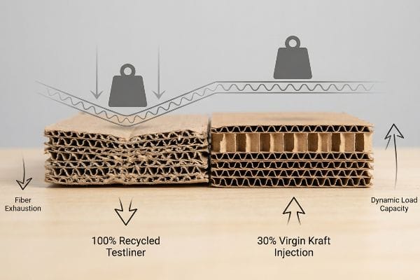 Corrugated cross-sections show 100% Recycled Testliner with Fiber Exhaustion vs. 30% Virgin Kraft Injection for Dynamic Load Capacity.